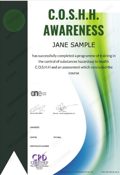 COSHH Awareness Course certificate