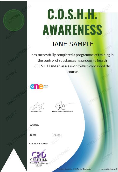 The Final Certificate Of The COSHH Awareness Course