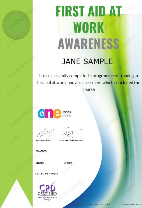 The Final Certificate Of The First Aid at Work Awareness Course 