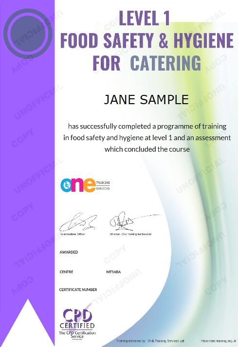 The Final Certificate Of The Level 1 Food Safety And Hygiene For Catering Course