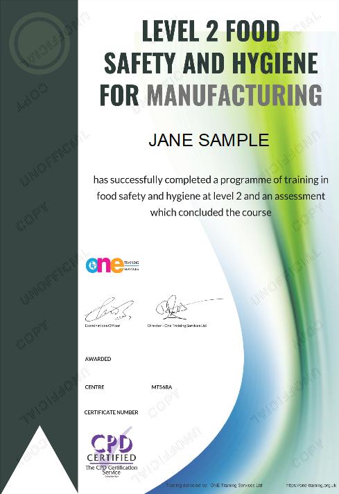 certificate for the Level 2 Food Safety and Hygiene for Manufacturing course