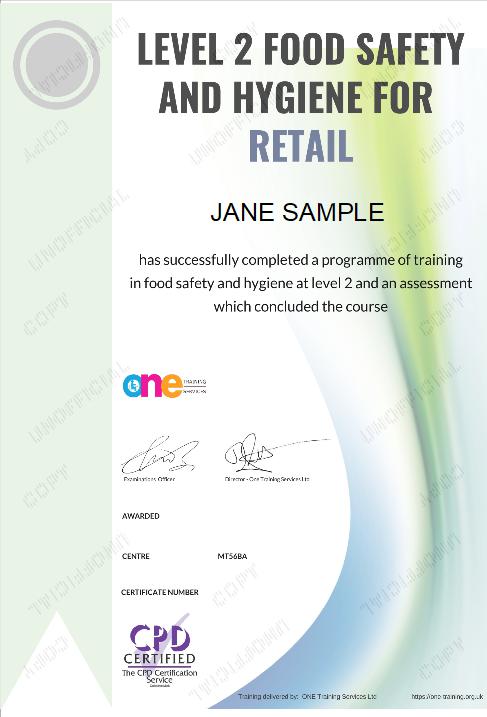 the level 2 food safety and hygiene for retail course certificate