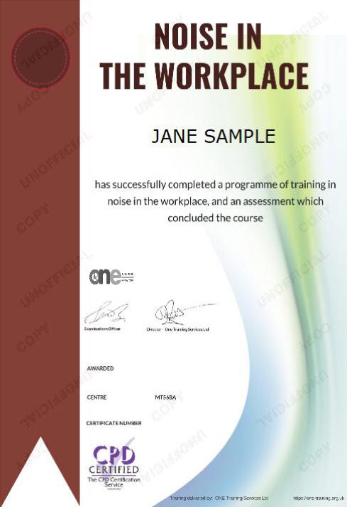 Noise in the Workplace Course certificate