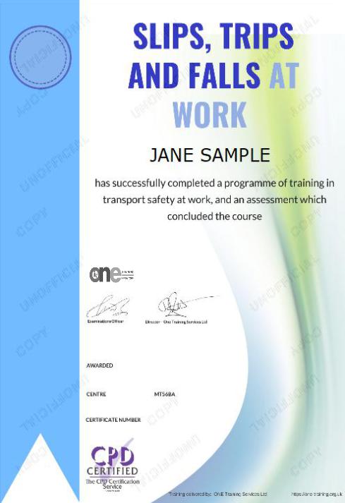 Slips Trips and Falls at Work course certificate
