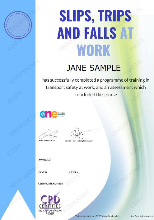 The Final Certificate Of The Slips Trips and Falls at Work Course 