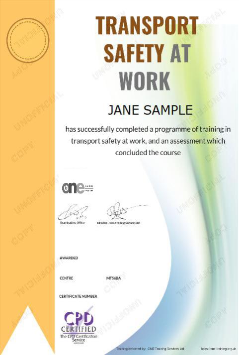 Transport Safety at Work Course certificate