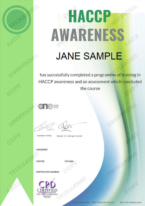 HACCP Awareness Course certificate